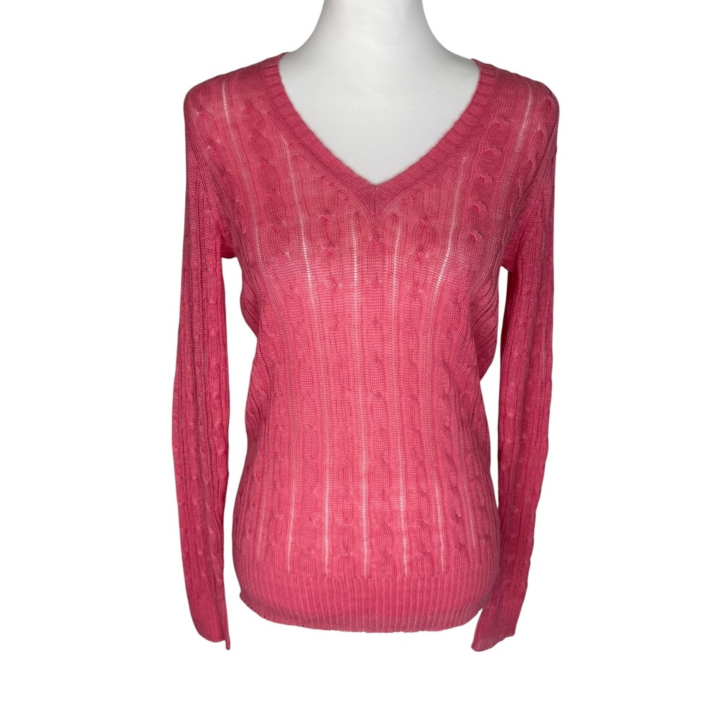 White + Warren Pink 100% Linen Cable Knit V-Neck Sweater Womens Small